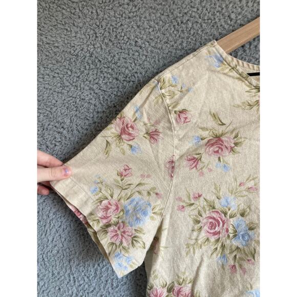 Vintage TY Original Wear Midi Dress Petite Large Linen Floral Cream Retro Y2K PL - Picture 3 of 13